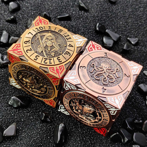 Cube of Legends 7‑in‑1 Rotating Metal Dice Cube – Dragon, Skull & Mythical Engravings, Multiple Color Options