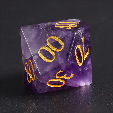 Natural Amethyst Dice Set with Gold Engraved Numbers – Premium Crystal Polyhedral Dice for DnD, Pathfinder, TTRPG, and Collectors