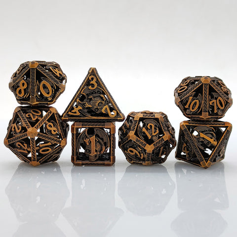 Solid Copper Hollow Dice Set 7‑Piece 3 Antique Copper Finishes