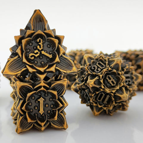 Lotus Blossom Metal Dice Set – Multiple Color Options in Elegant Lotus Design