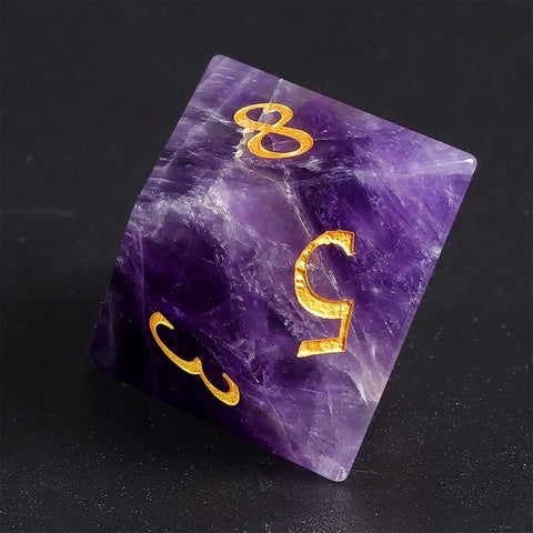 Natural Amethyst Dice Set with Gold Engraved Numbers – Premium Crystal Polyhedral Dice for DnD, Pathfinder, TTRPG, and Collectors