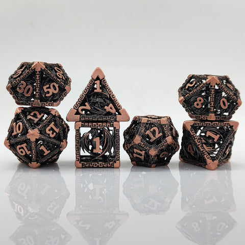 Ravethorn Copper Hollow Dice Set – Antique Gold & Aged Red Copper RPG Dice