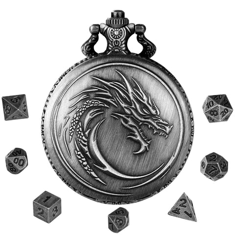 Dragon Totem Metal Pocket Watch Dice Set – Antique Bronze & Silver Alloy RPG Dice with Vintage Case