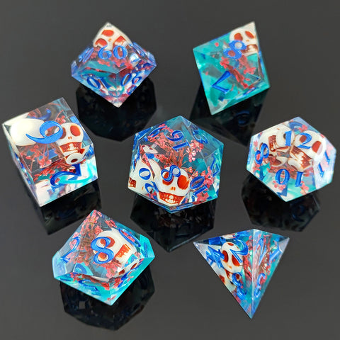Resin Polyhedral Dice Set – Transparent Color Dice in Skull, Foil, Flower, Poker, Dual-Tone & Heart Styles for DND, Pathfinder, Tabletop Games
