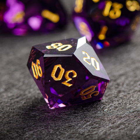 Faceted Deep Purple Glass Dice Set – Handcrafted K9 Crystal RPG Dice with Golden Engravings for Dungeons & Dragons