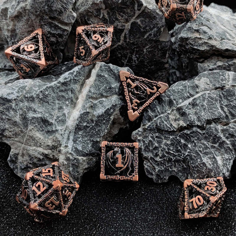 Ravethorn Copper Hollow Dice Set – Antique Gold & Aged Red Copper RPG Dice