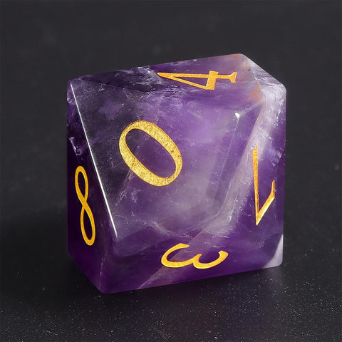 Natural Amethyst Dice Set with Gold Engraved Numbers – Premium Crystal Polyhedral Dice for DnD, Pathfinder, TTRPG, and Collectors