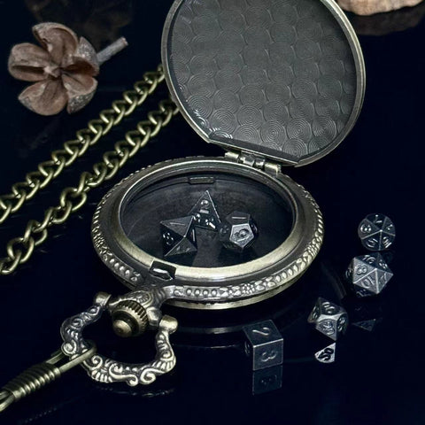 Pocket Watch Zinc Alloy Dice Set –  Mini RPG Dice with Vintage Dragon Case