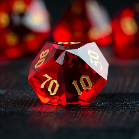 Faceted Red Glass Dice Set – Handcrafted K9 Crystal RPG Dice with Golden Engravings for Dungeons & Dragons & Collectors