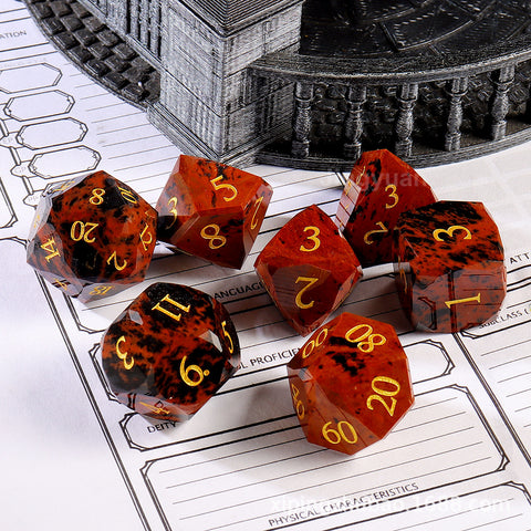 Natural Gold Sunstone Dice Set with Engraved Golden Numbers – Handcrafted Gemstone RPG Dice for DnD, Pathfinder & TTRPGs