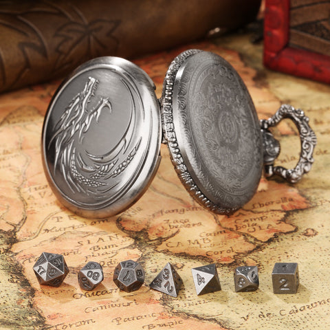 Dragon Totem Metal Pocket Watch Dice Set – Antique Bronze & Silver Alloy RPG Dice with Vintage Case