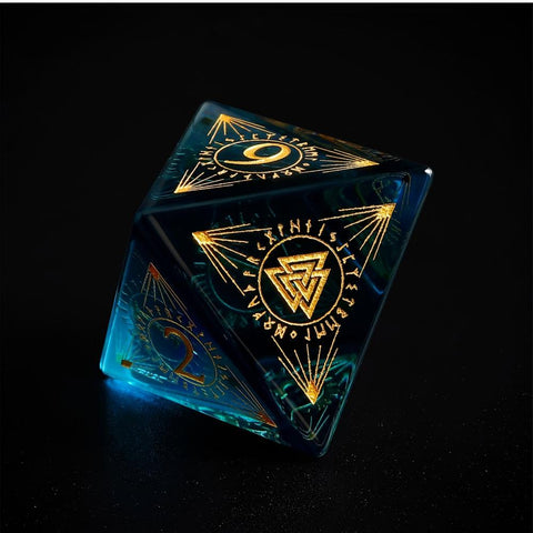 K9 Sapphire Blue Glass Dice Set – Hand-Carved Gold Engraved Crystal RPG Dice for D&D, Pathfinder & More