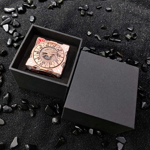 Cube of Legends 7‑in‑1 Rotating Metal Dice Cube – Dragon, Skull & Mythical Engravings, Multiple Color Options