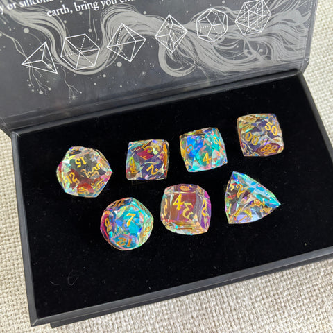 Iridescent Prism Glass Dice Set – Handcrafted Multi-Faceted K9 Glass RPG Dice for D&D, Pathfinder & Collectors