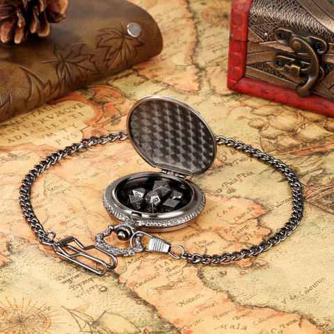 Dragon Totem Metal Pocket Watch Dice Set – Antique Bronze & Silver Alloy RPG Dice with Vintage Case