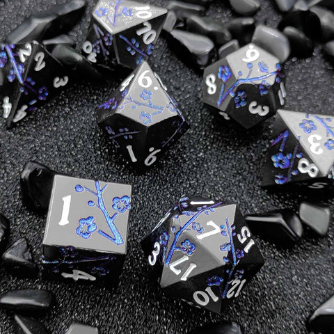 Plum Blossom Solid Metal Dice Set – Multiple Colors with Elegant Floral Design