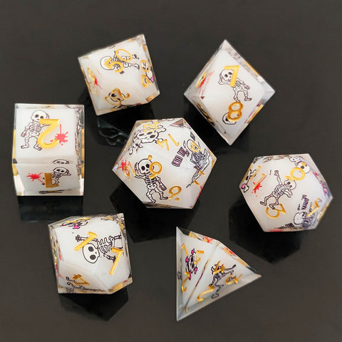 Resin Dice Set with Cat, Butterfly, Volcano, Dragon Egg & Graffiti Designs – Colorful Embedded Dice  Fluorescent Styles for DND & RPG Games