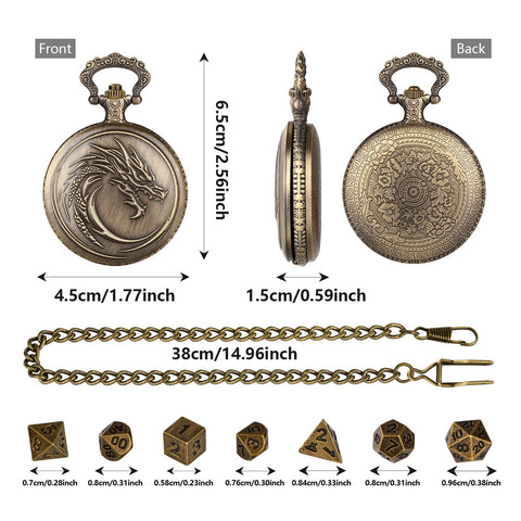 Dragon Totem Metal Pocket Watch Dice Set – Antique Bronze & Silver Alloy RPG Dice with Vintage Case