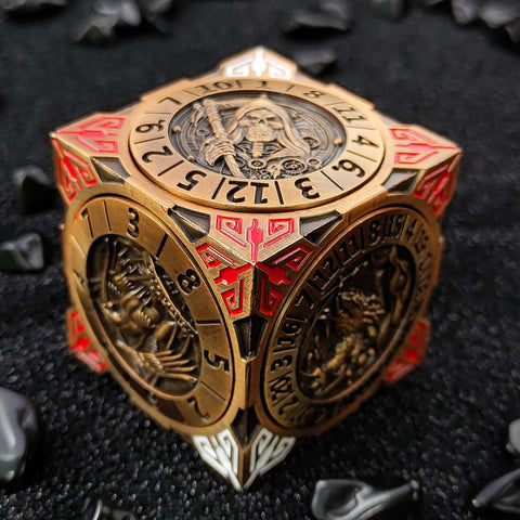 Cube of Legends 7‑in‑1 Rotating Metal Dice Cube – Dragon, Skull & Mythical Engravings, Multiple Color Options