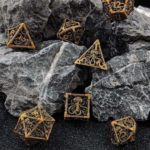 Cthulhu’s Gaze Copper Hollow Dice Set – Bloodstain, Antique Gold & Aged Red Copper