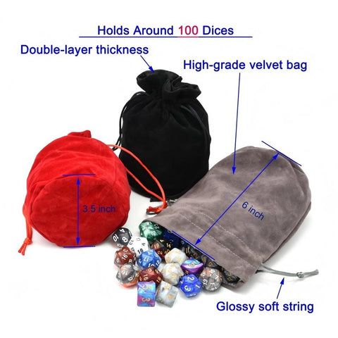 3-Pack Large Velvet Dice Bags – Red, Black & Gray – Round Bottom, Satin Lining, Double Drawstring – Holds Up to 100 Dice Each