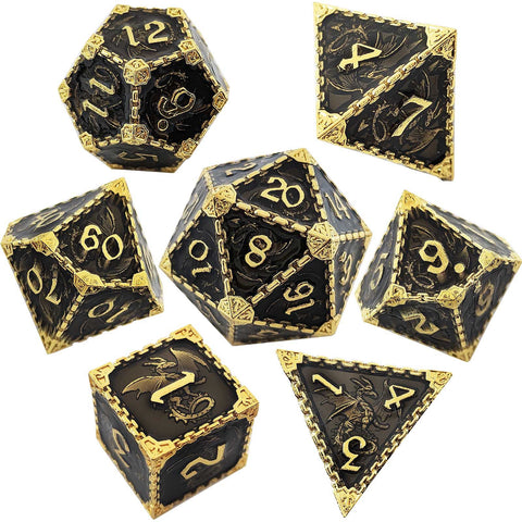 Duskrage Copper Metal Solid Dice Set with Winged Dragon Engraving – Multiple Colors Available