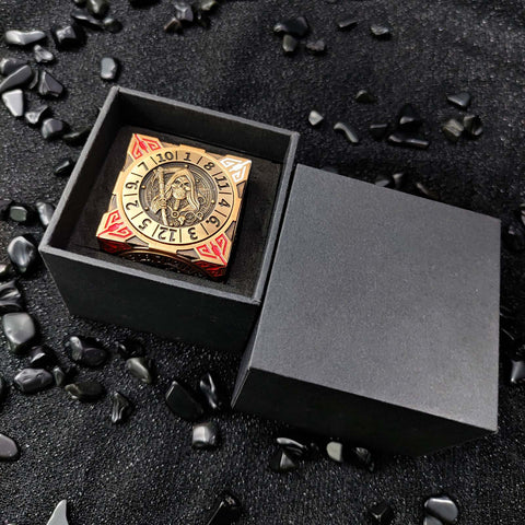 Cube of Legends 7‑in‑1 Rotating Metal Dice Cube – Dragon, Skull & Mythical Engravings, Multiple Color Options