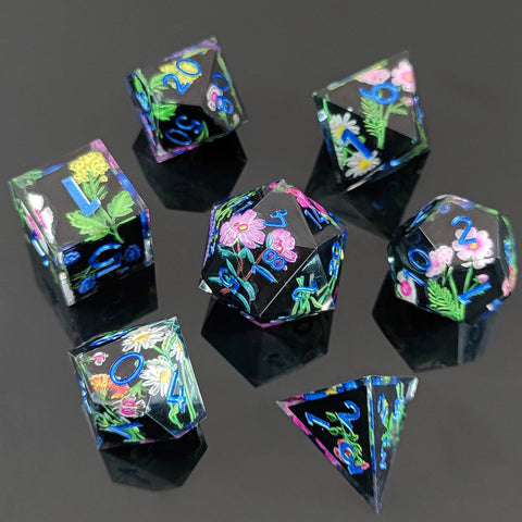 Resin Dice Set with Cat, Butterfly, Volcano, Dragon Egg & Graffiti Designs – Colorful Embedded Dice  Fluorescent Styles for DND & RPG Games