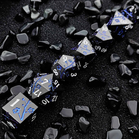 Plum Blossom Solid Metal Dice Set – Multiple Colors with Elegant Floral Design