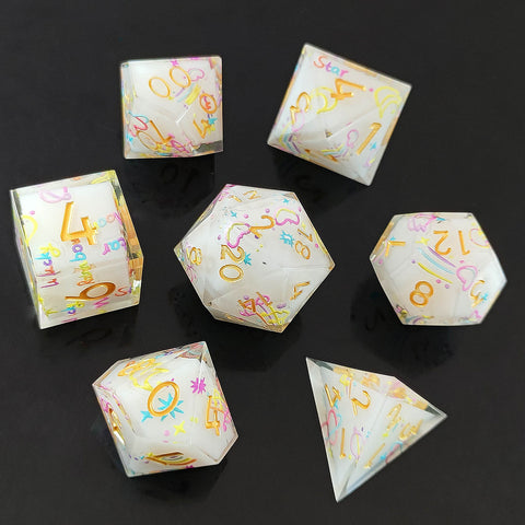 Resin Dice Set with Cat, Butterfly, Volcano, Dragon Egg & Graffiti Designs – Colorful Embedded Dice  Fluorescent Styles for DND & RPG Games