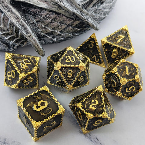 Duskrage Copper Metal Solid Dice Set with Winged Dragon Engraving – Multiple Colors Available