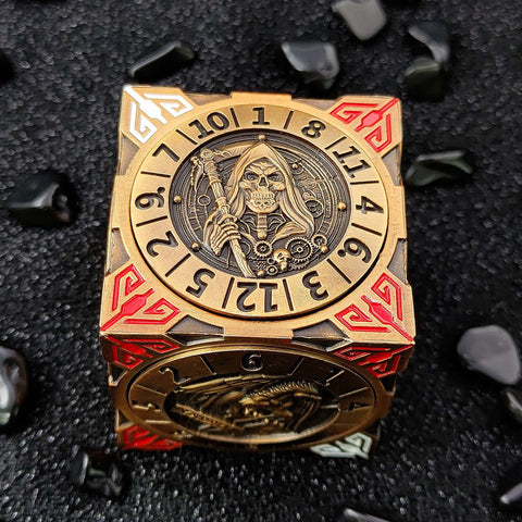 Cube of Legends 7‑in‑1 Rotating Metal Dice Cube – Dragon, Skull & Mythical Engravings, Multiple Color Options