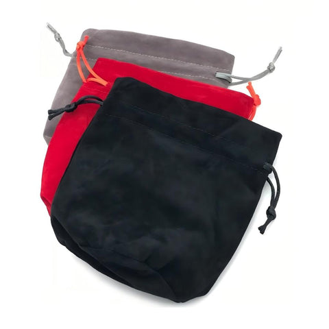 3-Pack Large Velvet Dice Bags – Red, Black & Gray – Round Bottom, Satin Lining, Double Drawstring – Holds Up to 100 Dice Each