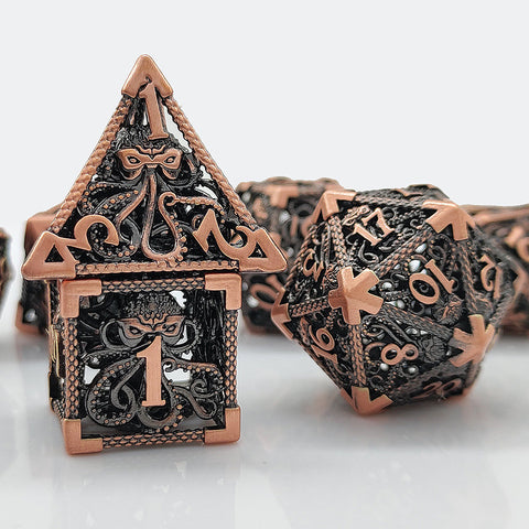 Cthulhu’s Gaze Copper Hollow Dice Set – Bloodstain, Antique Gold & Aged Red Copper