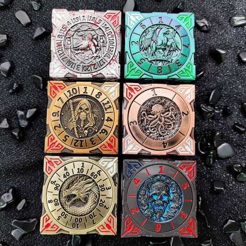 Cube of Legends 7‑in‑1 Rotating Metal Dice Cube – Dragon, Skull & Mythical Engravings, Multiple Color Options