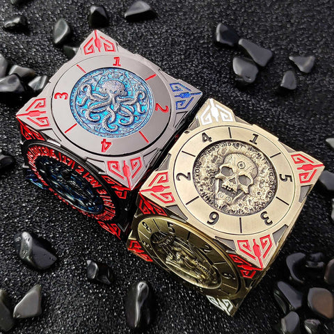 Cube of Legends 7‑in‑1 Rotating Metal Dice Cube – Dragon, Skull & Mythical Engravings, Multiple Color Options