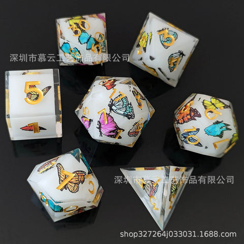 Resin Dice Set with Cat, Butterfly, Volcano, Dragon Egg & Graffiti Designs – Colorful Embedded Dice  Fluorescent Styles for DND & RPG Games