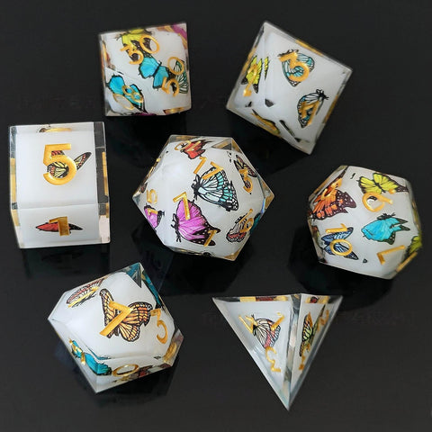 Resin Dice Set with Cat, Butterfly, Volcano, Dragon Egg & Graffiti Designs – Colorful Embedded Dice  Fluorescent Styles for DND & RPG Games
