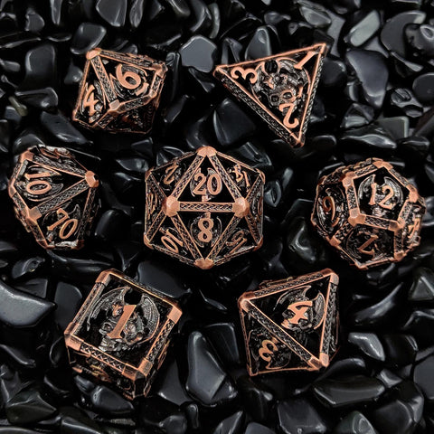 Solid Copper Hollow Dice Set 7‑Piece 3 Antique Copper Finishes