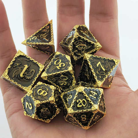 Duskrage Copper Metal Solid Dice Set with Winged Dragon Engraving – Multiple Colors Available