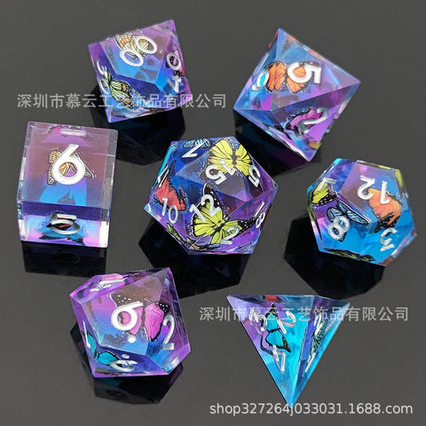 Resin Dice Set with Cat, Butterfly, Volcano, Dragon Egg & Graffiti Designs – Colorful Embedded Dice  Fluorescent Styles for DND & RPG Games