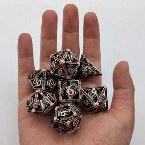 Solid Copper Hollow Dice Set 7‑Piece 3 Antique Copper Finishes