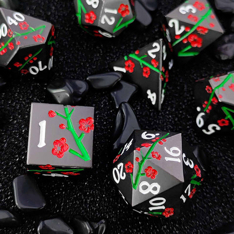 Plum Blossom Solid Metal Dice Set – Multiple Colors with Elegant Floral Design