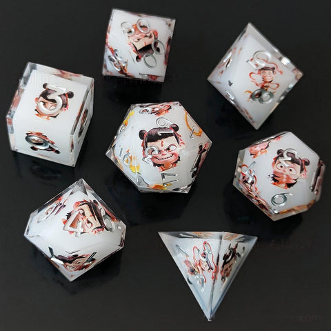 Resin Dice Set with Cat, Butterfly, Volcano, Dragon Egg & Graffiti Designs – Colorful Embedded Dice  Fluorescent Styles for DND & RPG Games