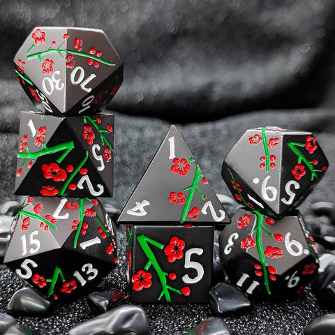 Plum Blossom Solid Metal Dice Set – Multiple Colors with Elegant Floral Design