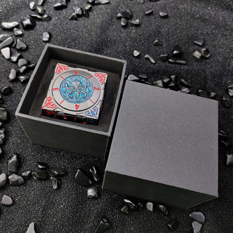 Cube of Legends 7‑in‑1 Rotating Metal Dice Cube – Dragon, Skull & Mythical Engravings, Multiple Color Options