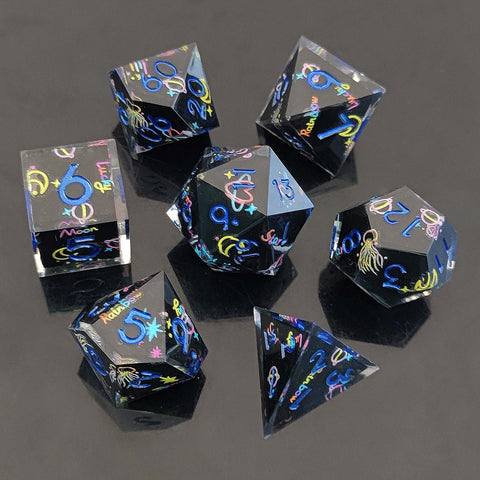 Resin Dice Set with Cat, Butterfly, Volcano, Dragon Egg & Graffiti Designs – Colorful Embedded Dice  Fluorescent Styles for DND & RPG Games