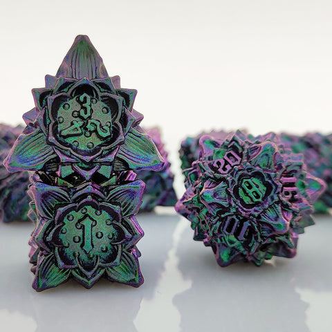 Lotus Blossom Metal Dice Set – Multiple Color Options in Elegant Lotus Design