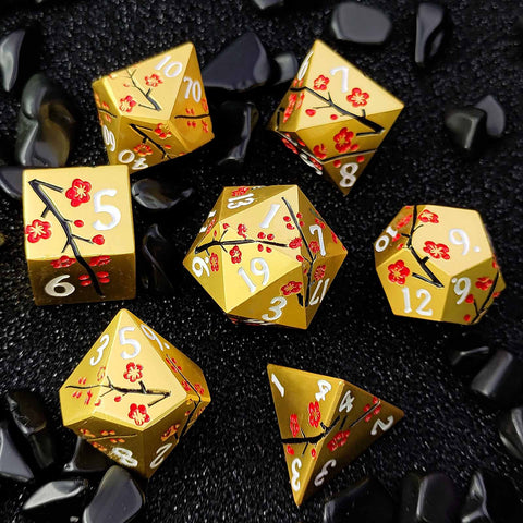 Plum Blossom Solid Metal Dice Set – Multiple Colors with Elegant Floral Design