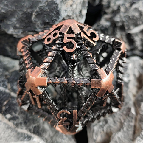 Duskrage Copper Hollow D20 – Bloodstain, Antique Red Copper & Aged Bronze RPG Dice